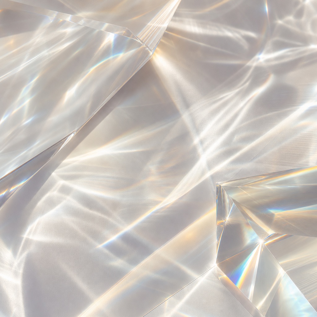 Soft abstract glass refraction with prismatic light streaks and gentle shadows.