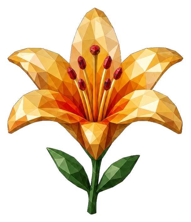 Faceted golden lily flower with a green stem and leaves