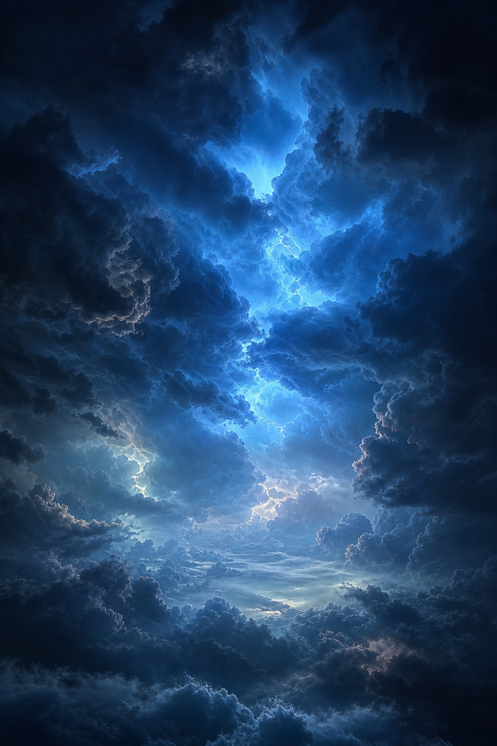 Blue thunderhead clouds opening around a bright glowing center in the sky