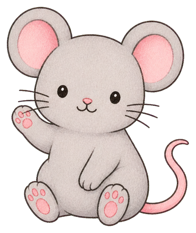 Cute gray mouse with pink ears and paws waving while sitting down.