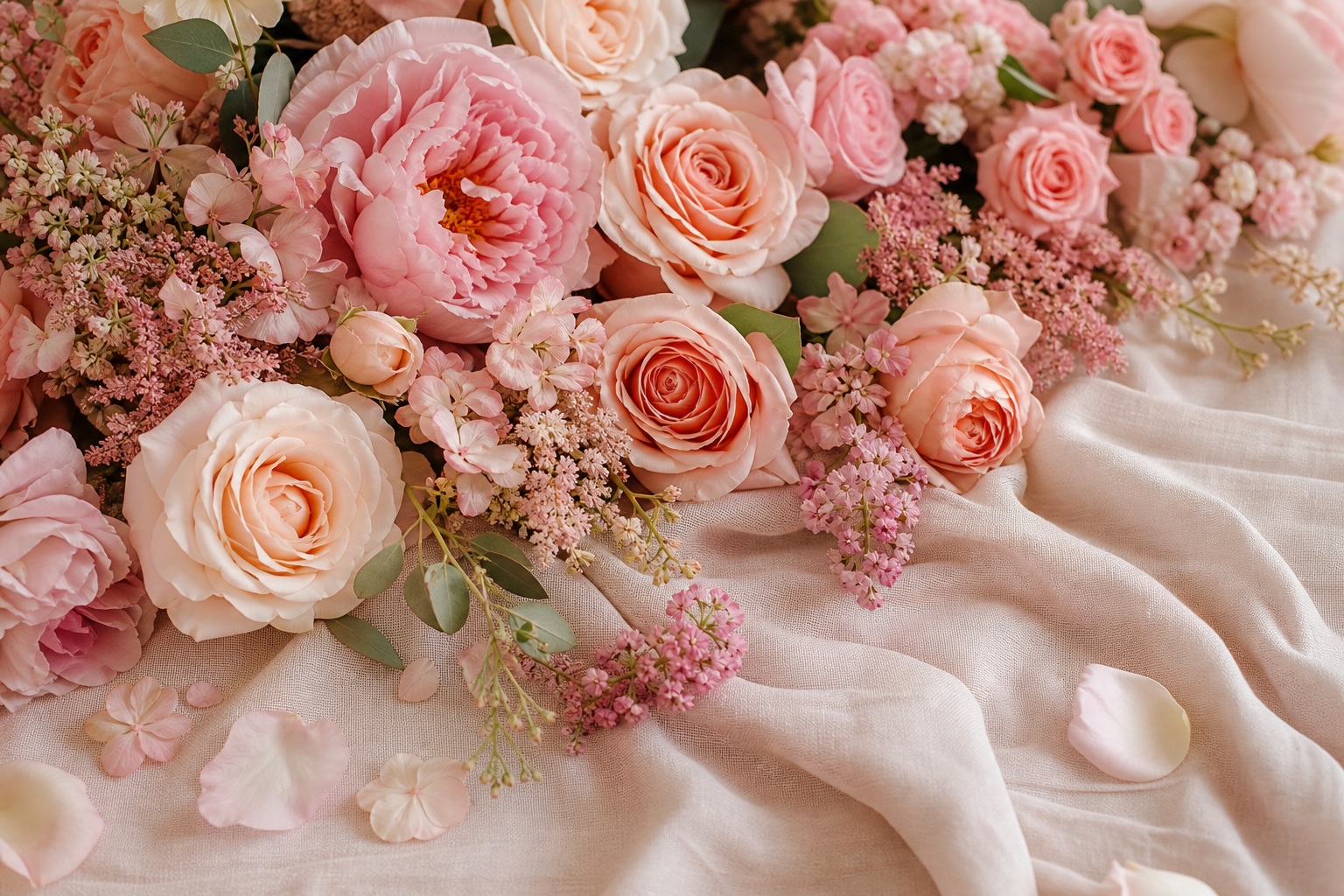 Blush roses and small flowers arranged on soft white draped fabric.