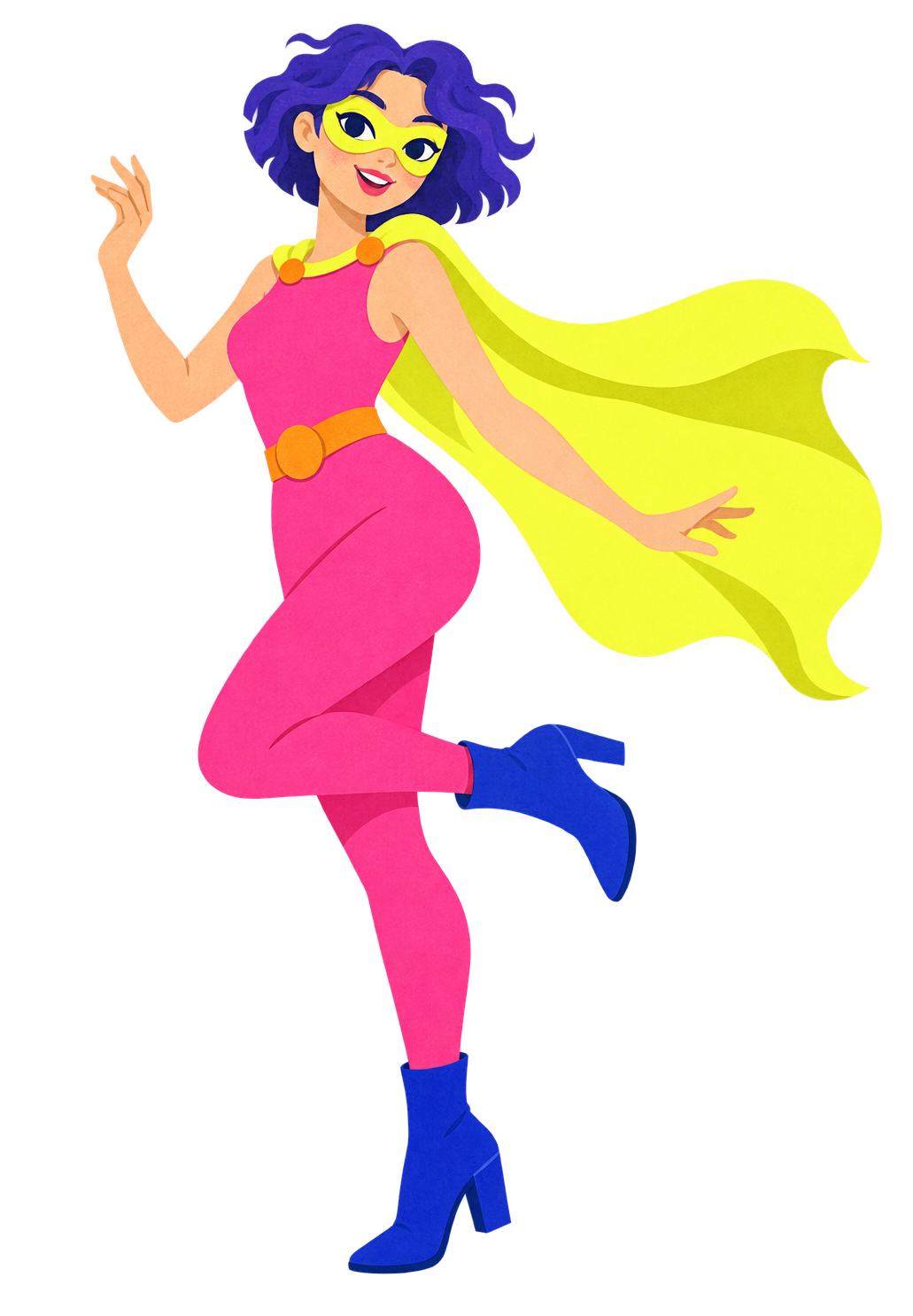 Colorful masked superhero dancing with a flowing yellow cape and blue boots.