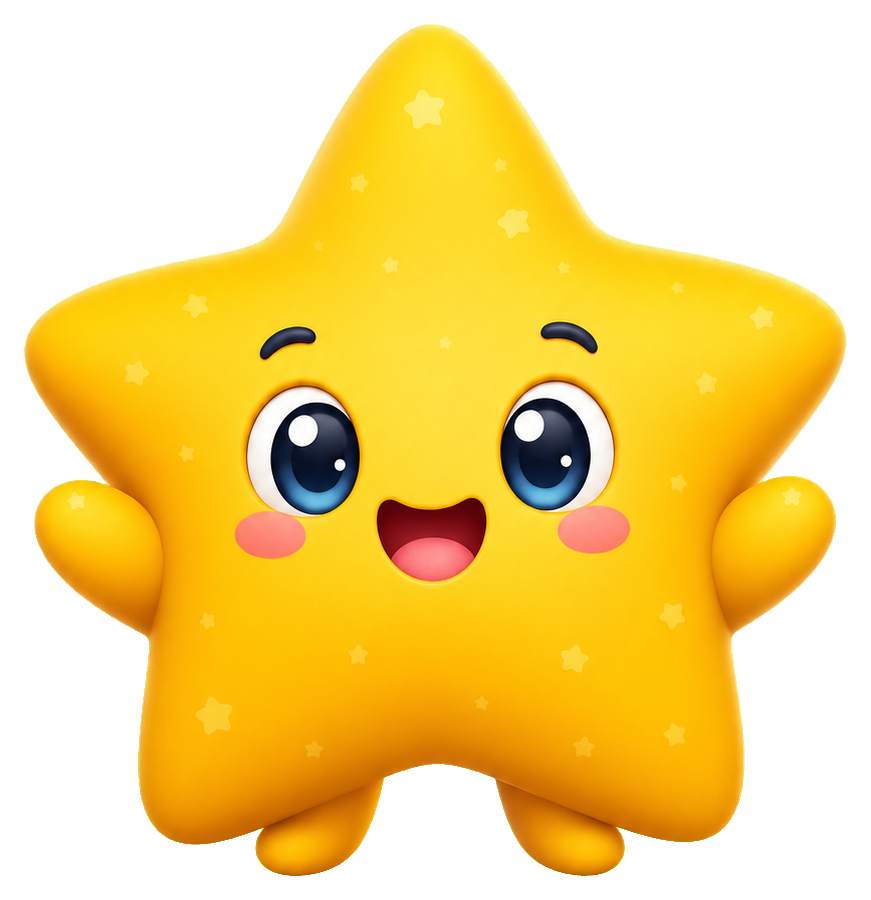 Cute yellow star mascot with big eyes, rosy cheeks, and a smiling face.