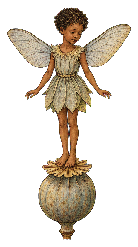 A small fairy with wings standing on a poppy pod and flower base