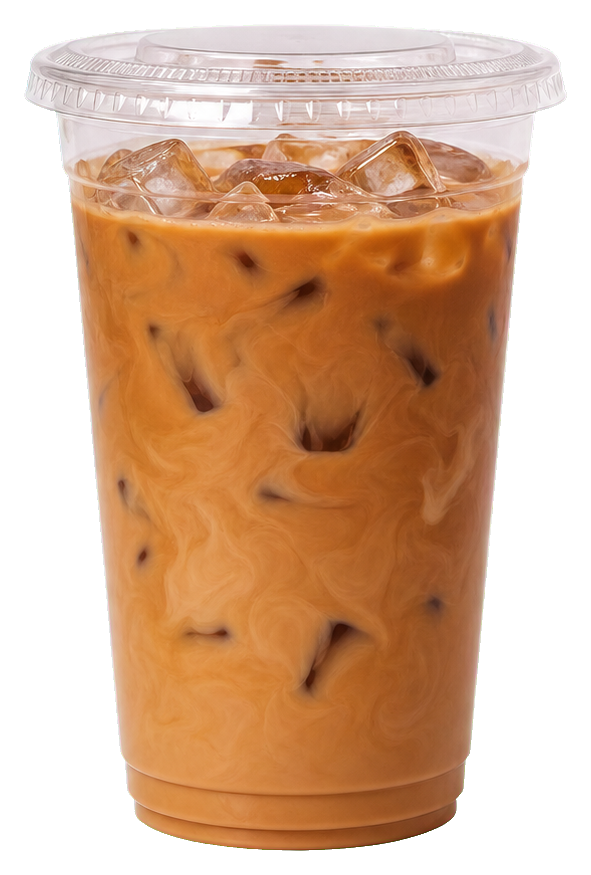 Clear plastic cup filled with iced coffee and ice cubes