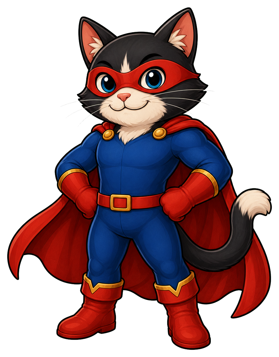 Cartoon cat in a blue superhero suit with cape and red boots standing proudly