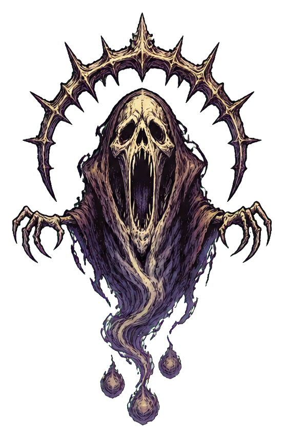 Hooded skeletal wraith with a spiked halo and hanging tendrils on a black background
