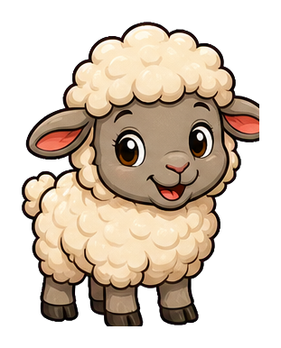 Cute fluffy sheep standing and smiling with cream-colored wool