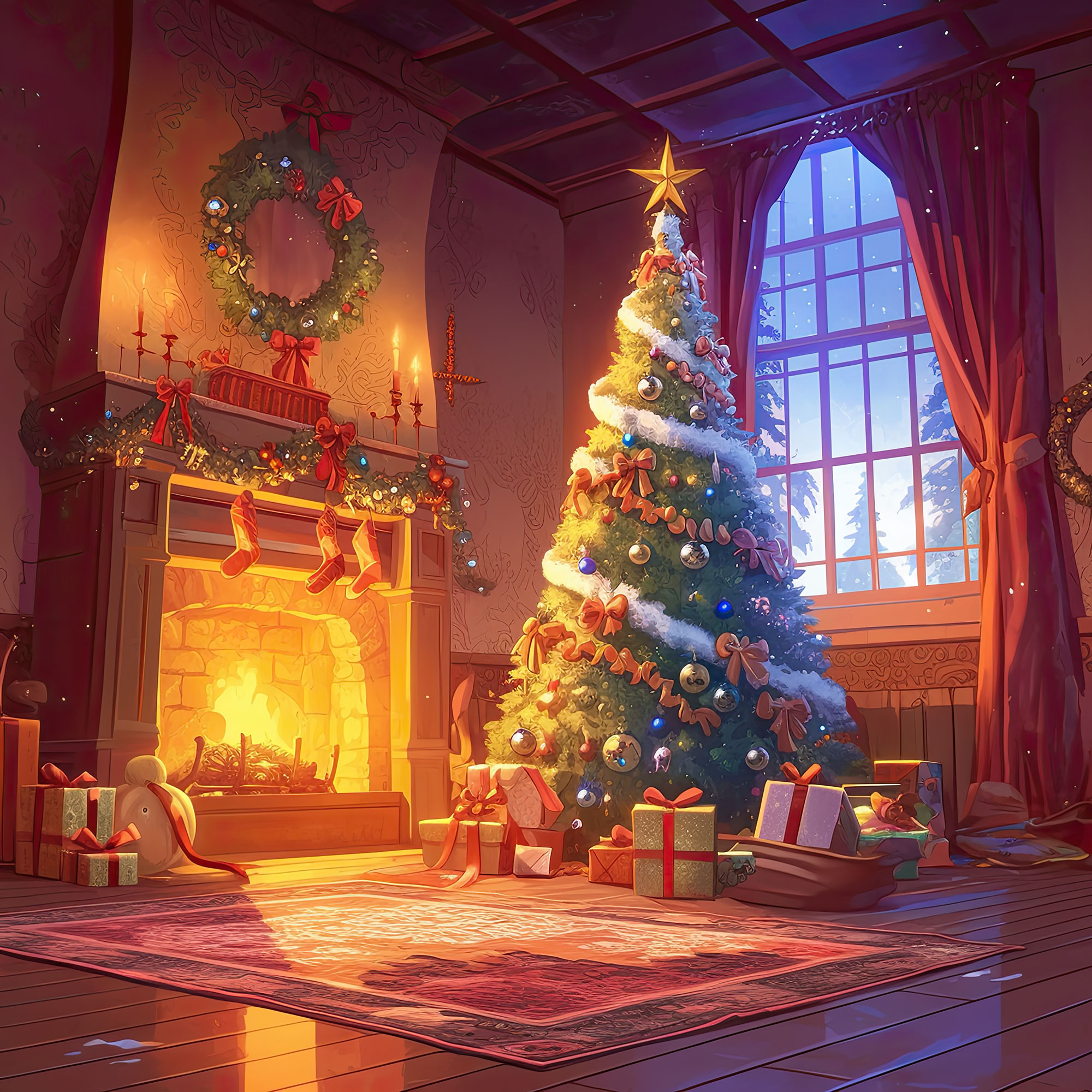 Preview for Cozy-christmas-scene-decorated-tree-christmas-backdrop-backgroun-8154d
