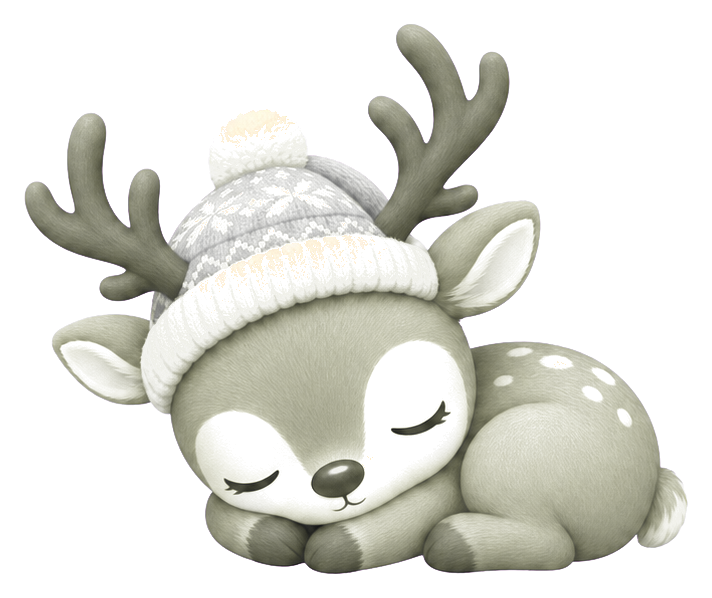 Cute sleeping reindeer with antlers and a winter hat lying down.