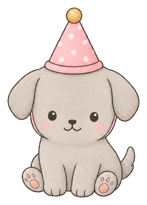 Cute kawaii puppy wearing a pink party hat and sitting
