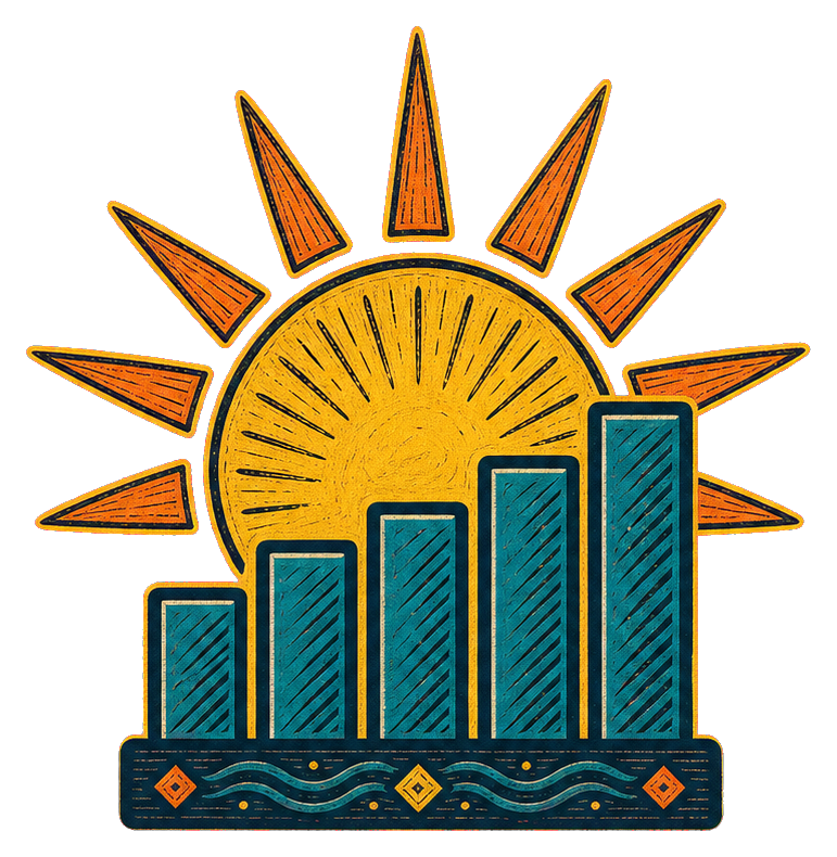 Sun rising behind a bar chart with teal columns and orange rays