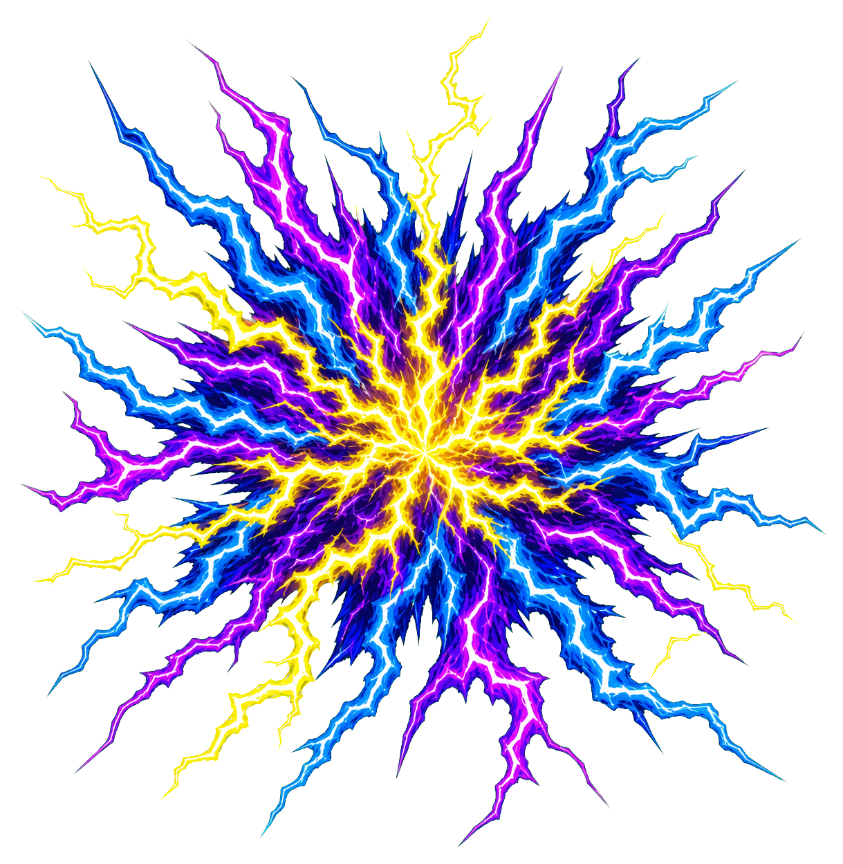 Colorful electric burst with yellow, blue, and purple lightning lines radiating outward