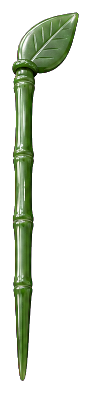 Glossy green bamboo hairpin with a leaf-shaped top on a transparent background.
