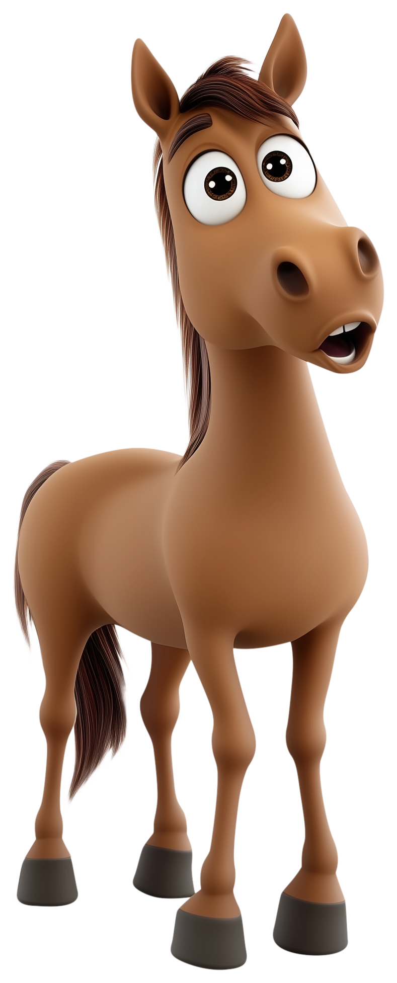 Cute 3D cartoon horse with a surprised expression and brown coat
