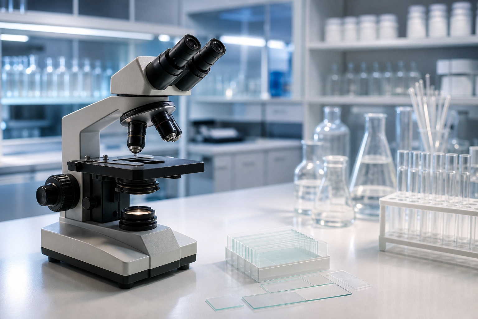 Microscope on a lab bench with glassware in a bright clean laboratory