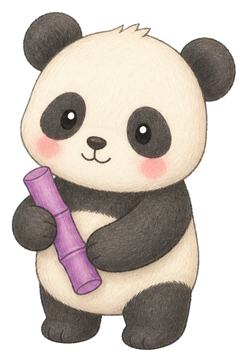Cute panda holding a purple bamboo stalk with rosy cheeks.