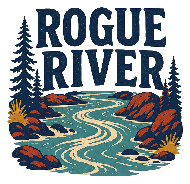 Retro Rogue River text sticker with an illustrated winding river and pine trees.
