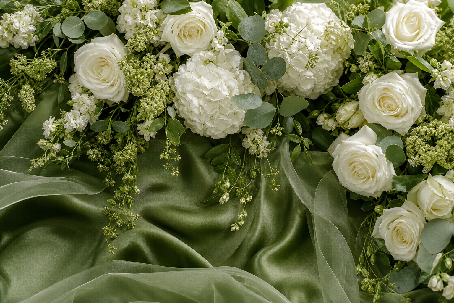 White roses and lush greenery arranged over soft green fabric background