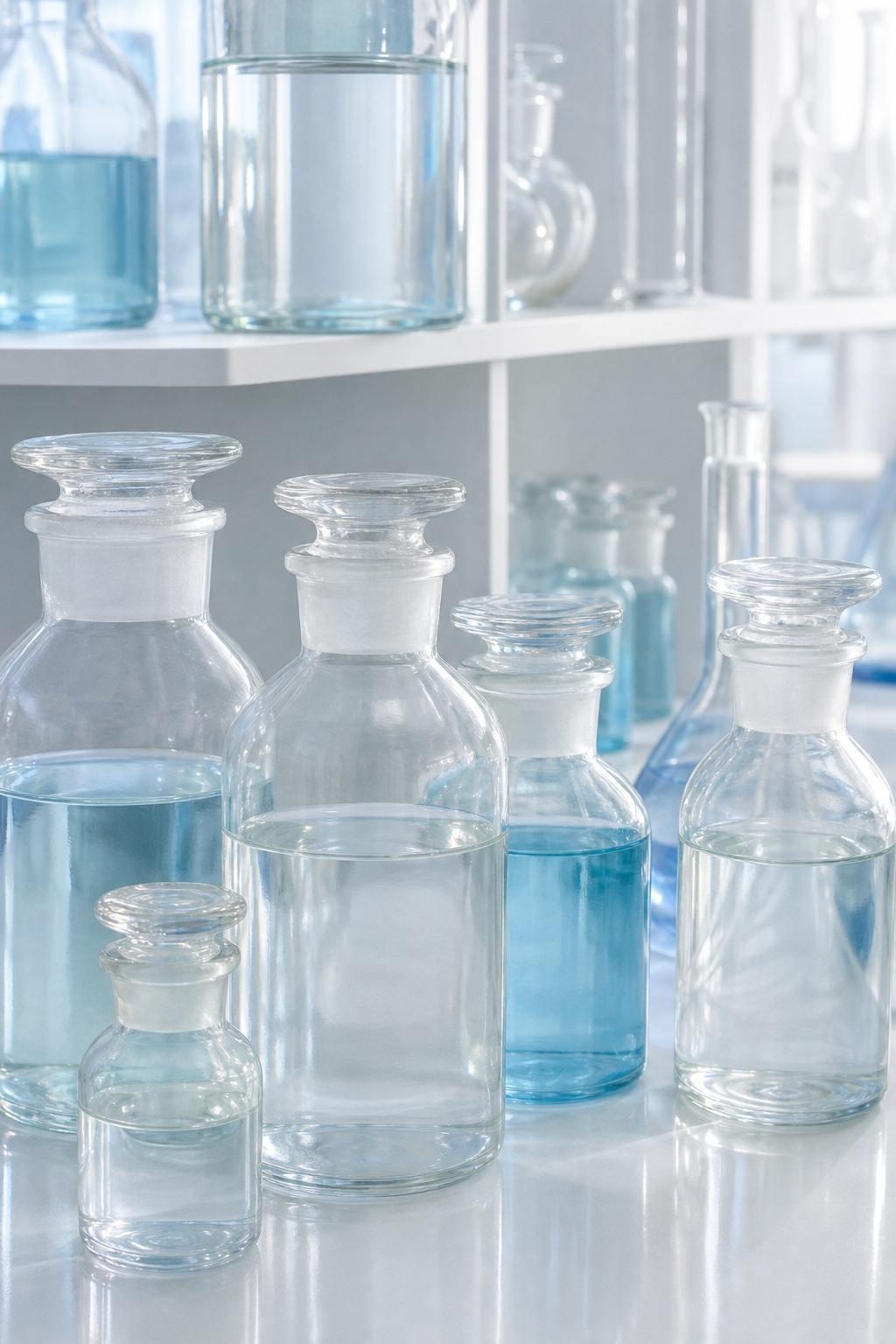 Clear laboratory glass bottles and jars arranged on a bright clean bench