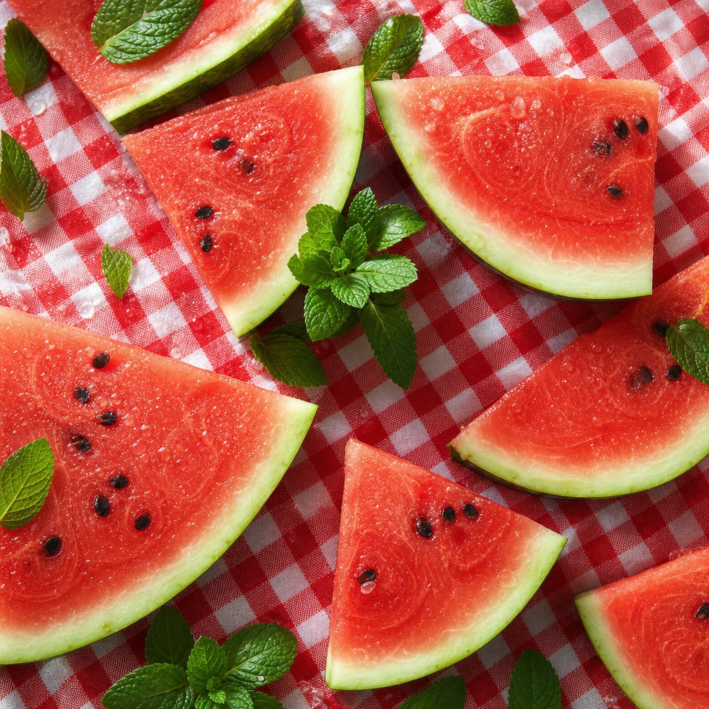 Watermelon slices on a red gingham picnic cloth with mint leaves
