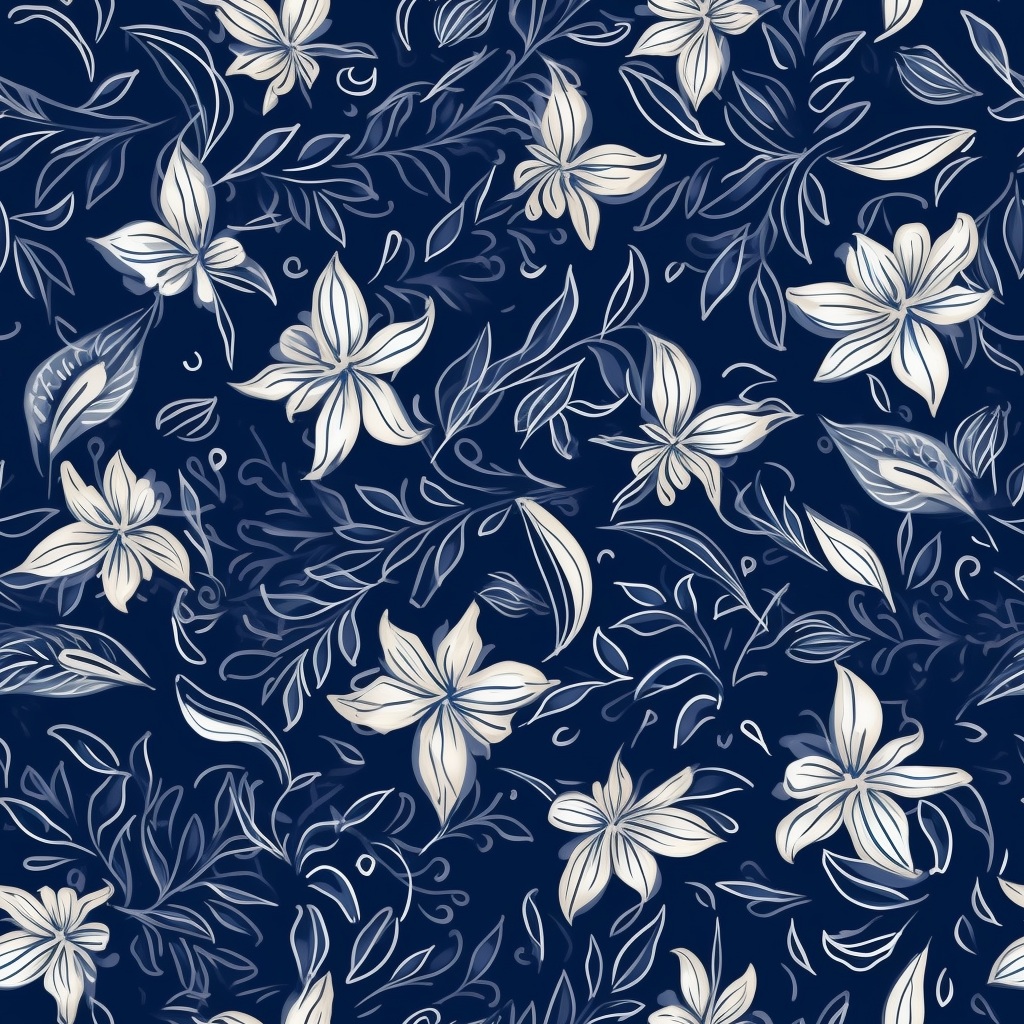 Navy background with white flowers and leafy botanical floral pattern