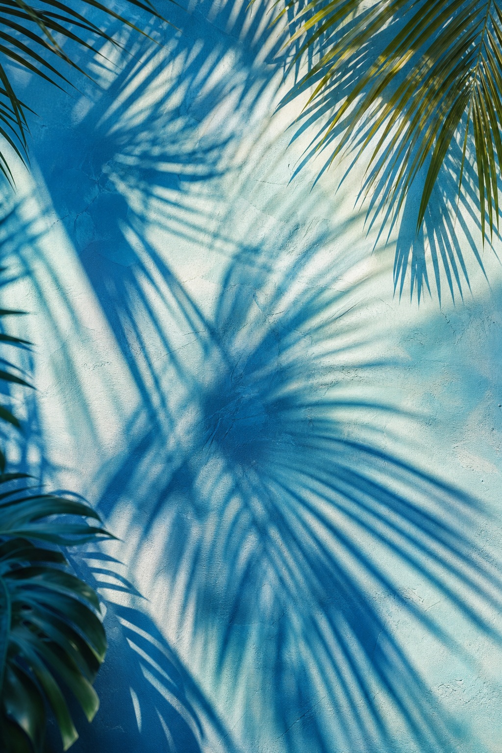 Palm frond shadows cast across a bright blue lagoon surface.