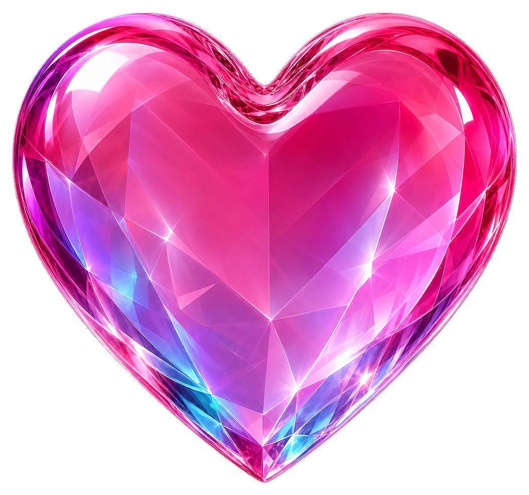 Faceted pink glass heart with a shiny reflective surface
