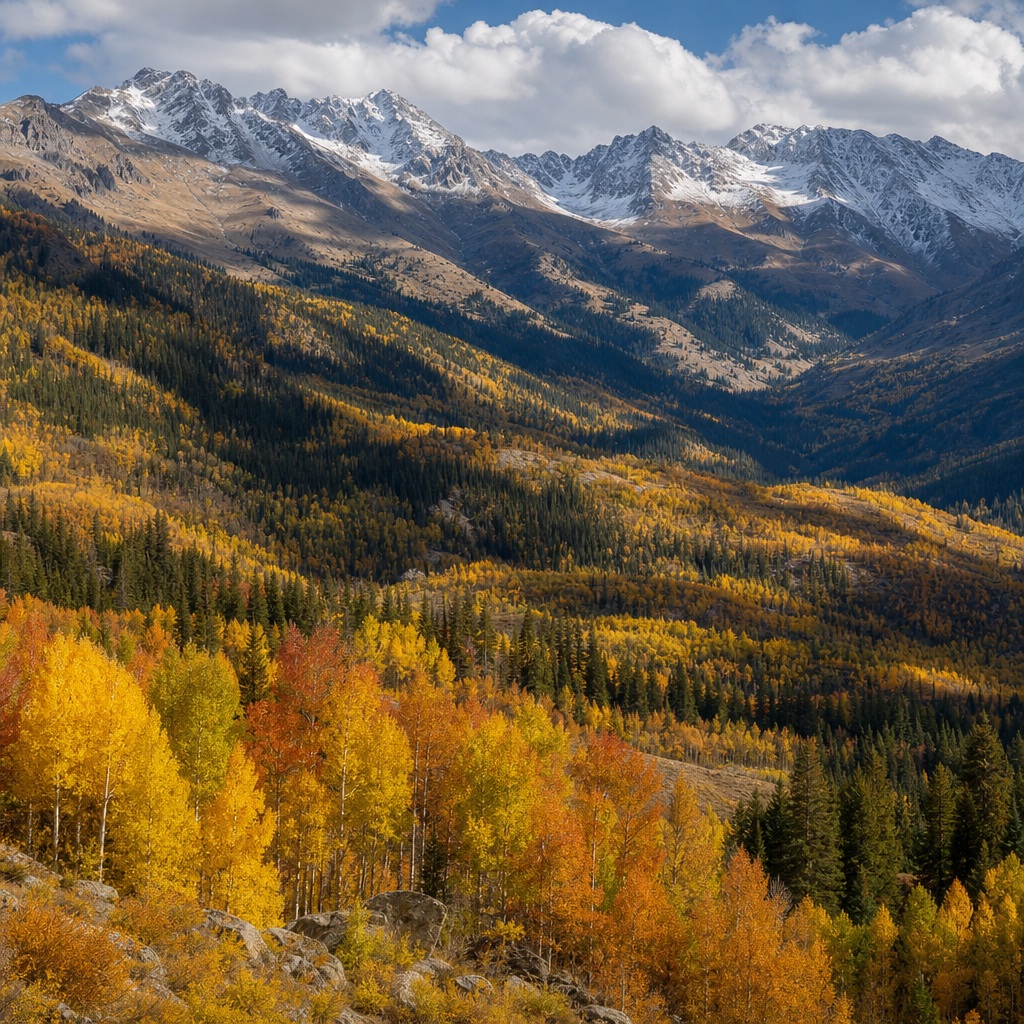Snowy mountains above a golden autumn forest and valley under drifting clouds.