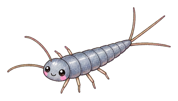 Cute silverfish bug sticker with a gray segmented body and long antennae.