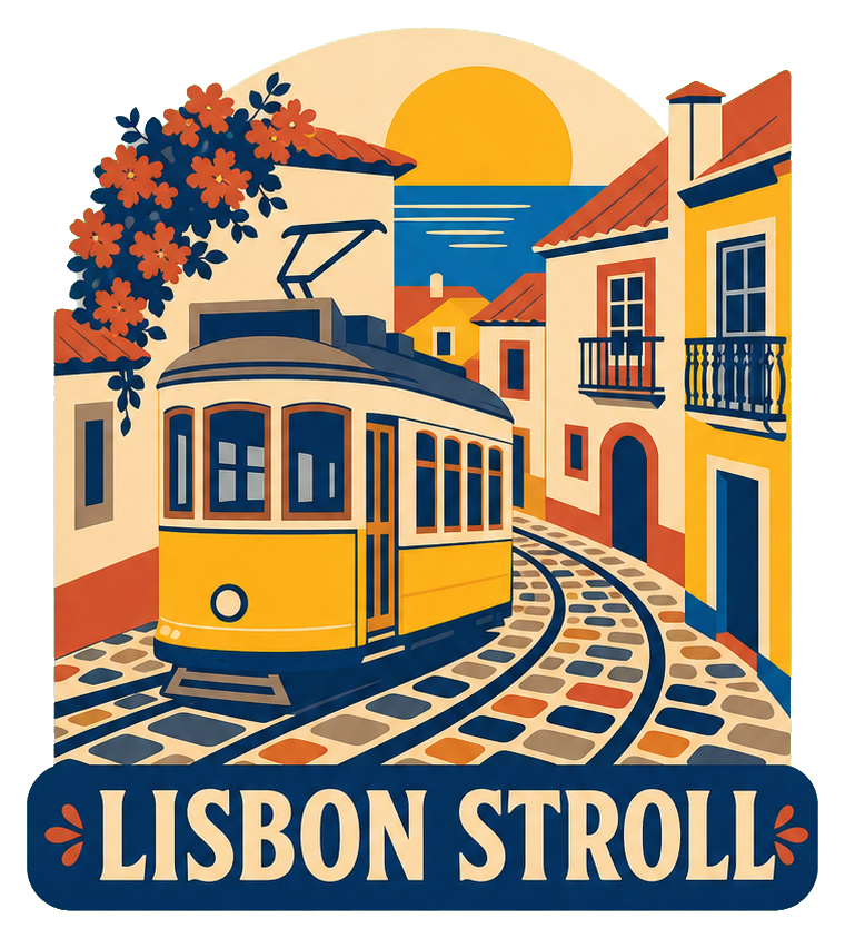 Retro illustrated Lisbon street scene with a tram and 'Lisbon Stroll' text.