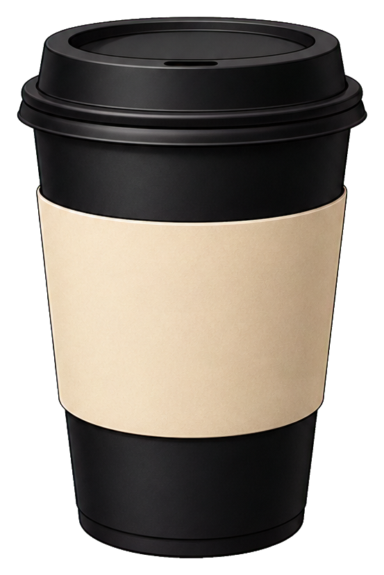 A black takeaway coffee cup with a tan sleeve on a dark background