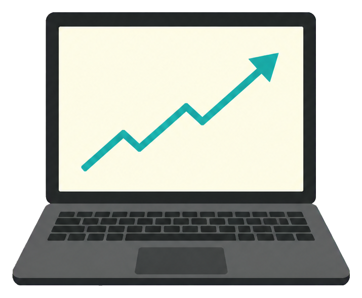 Laptop displaying an upward line chart with an arrow.