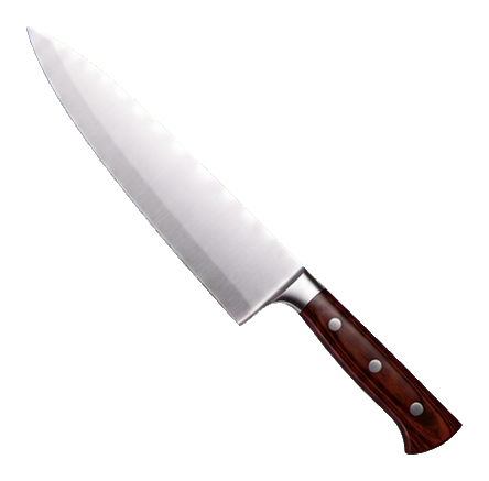 Realistic chef knife with a silver blade and brown handle on a transparent background