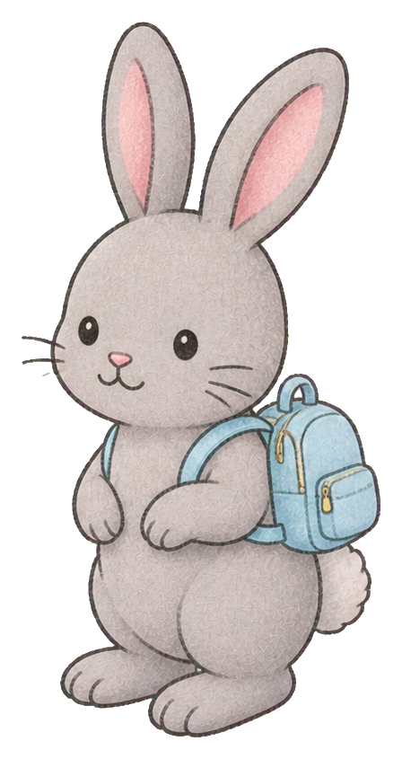 Cute gray rabbit holding a light blue backpack.