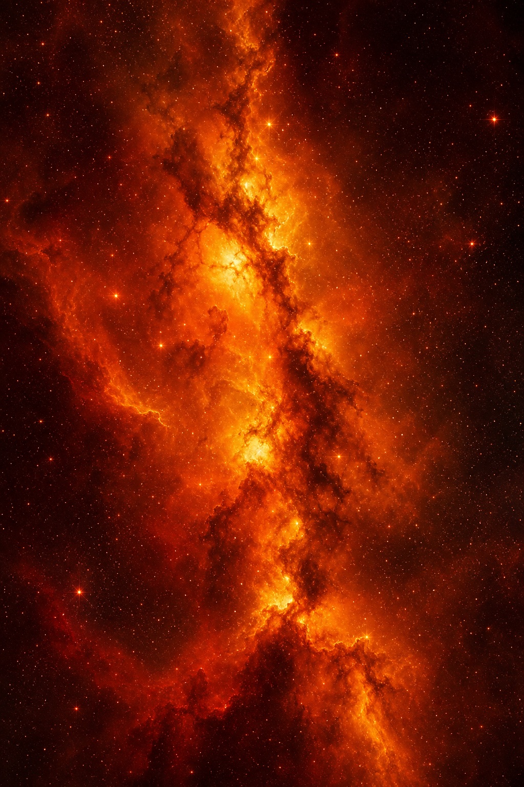 Vertical orange nebula dust with glowing stars and a dark cosmic background