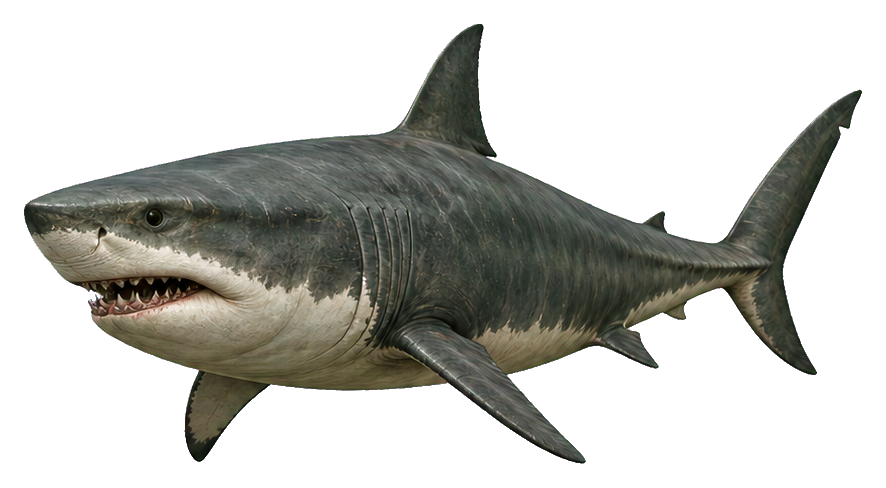 Realistic giant megalodon shark swimming in profile on a transparent background