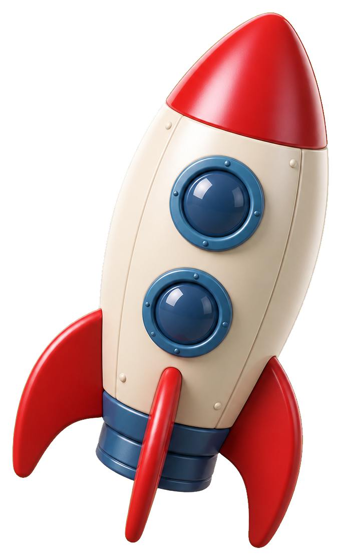 Red and cream toy rocket ship with blue windows and fins on a transparent background