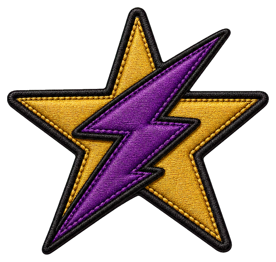 Yellow star patch with a purple lightning bolt in the center