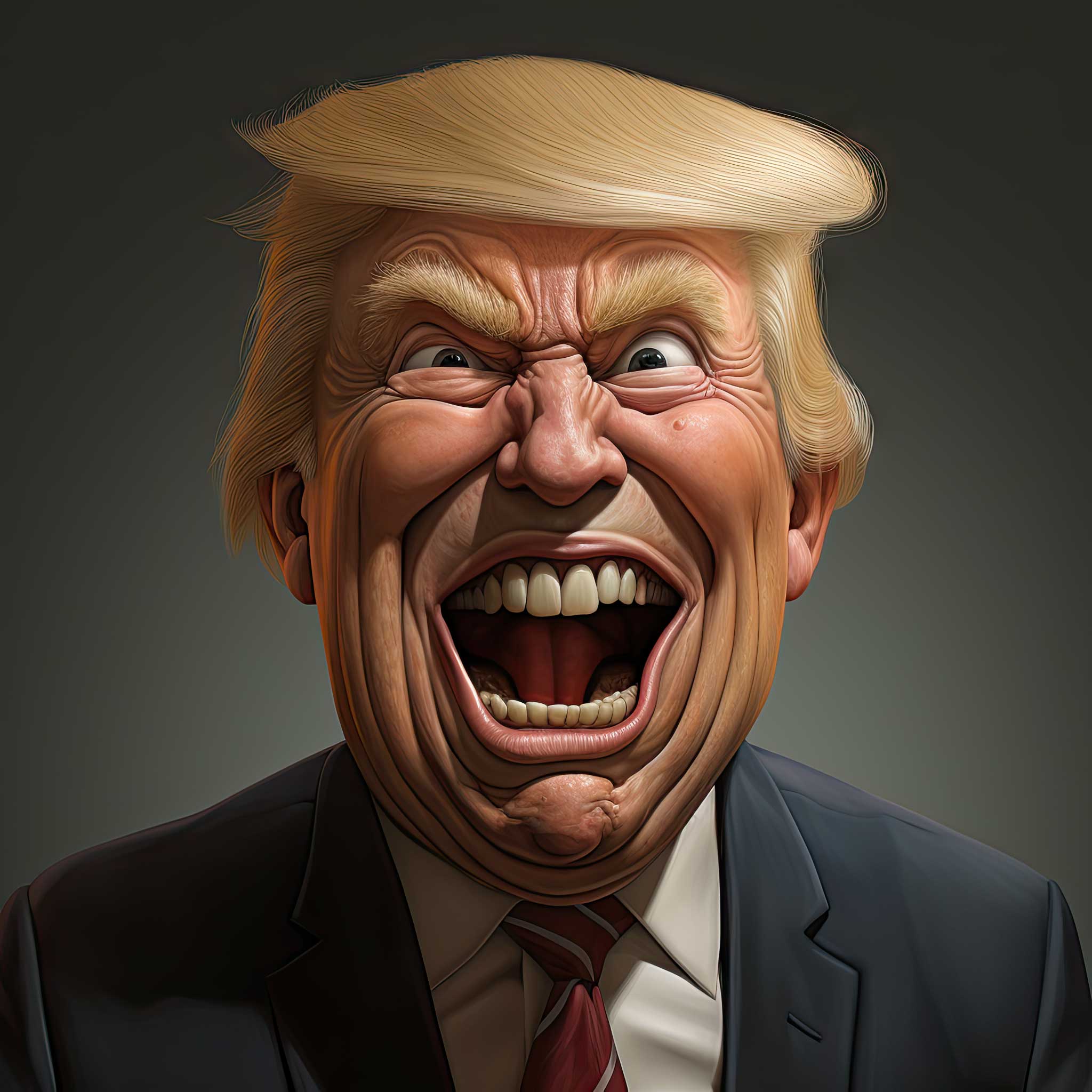 Illustrated angry man with blond hair shouting against a dark background