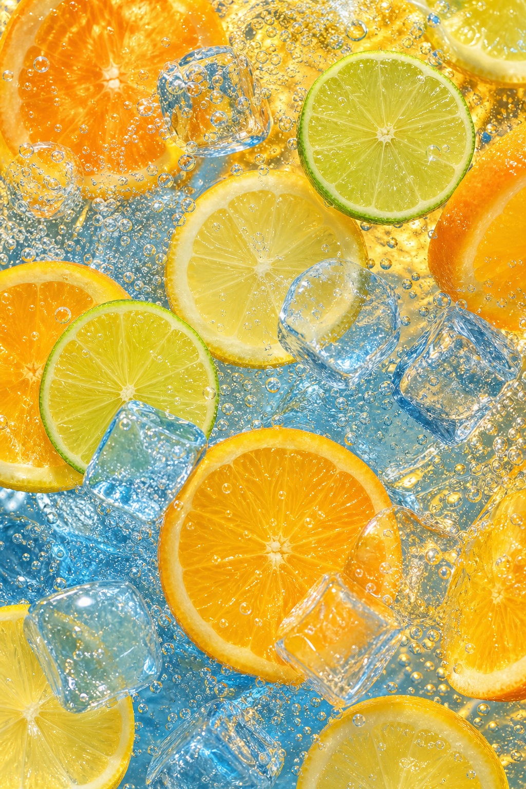 Orange and lemon slices floating in blue sparkling soda bubbles