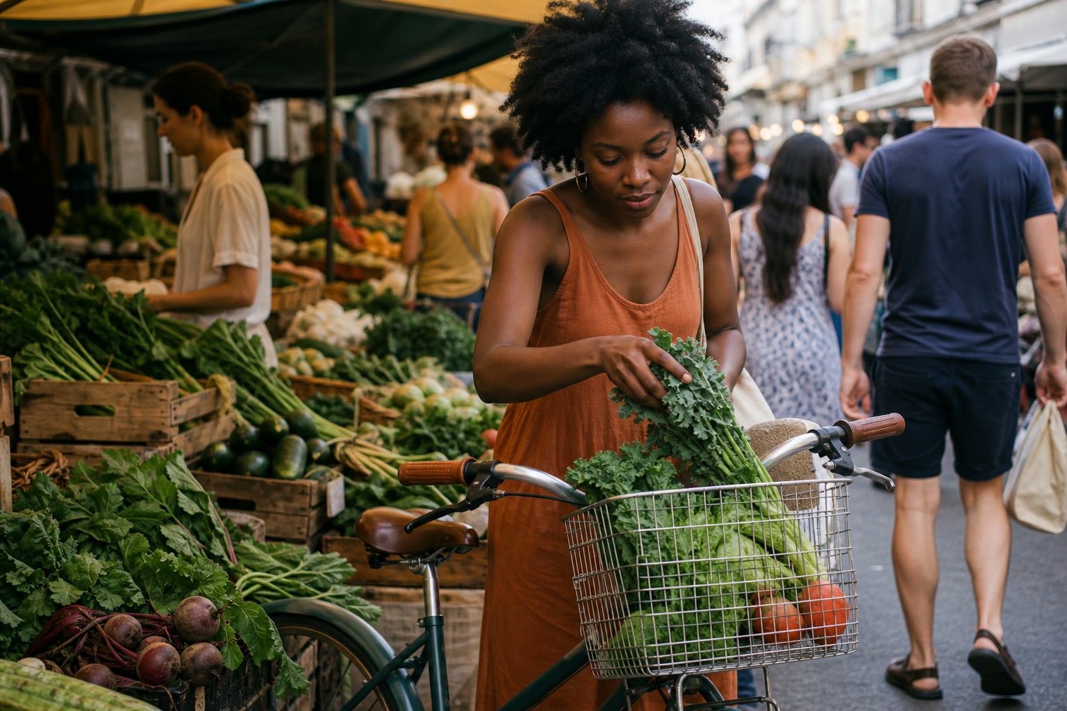 Woman carrying a basket of greens at a busy outdoor street market.