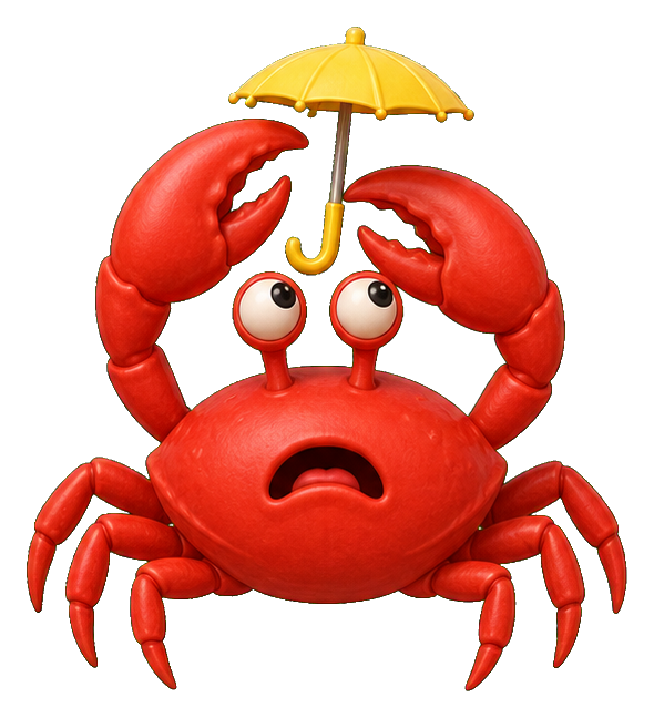 Red crab holding a tiny yellow umbrella with a surprised face.