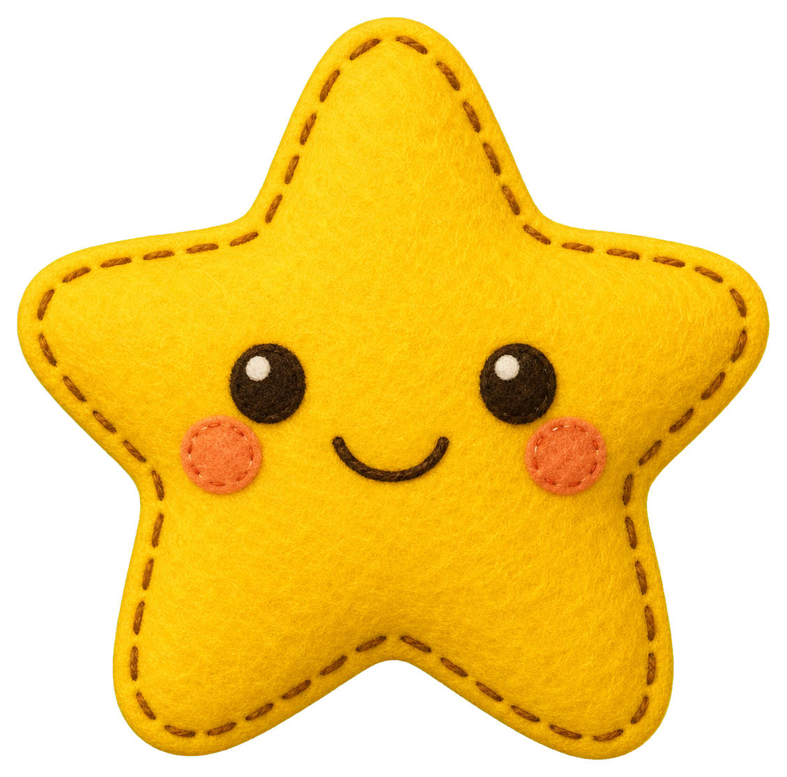 Cute yellow felt-style yellow star with stitched edges, rosy cheeks, and a smiling face