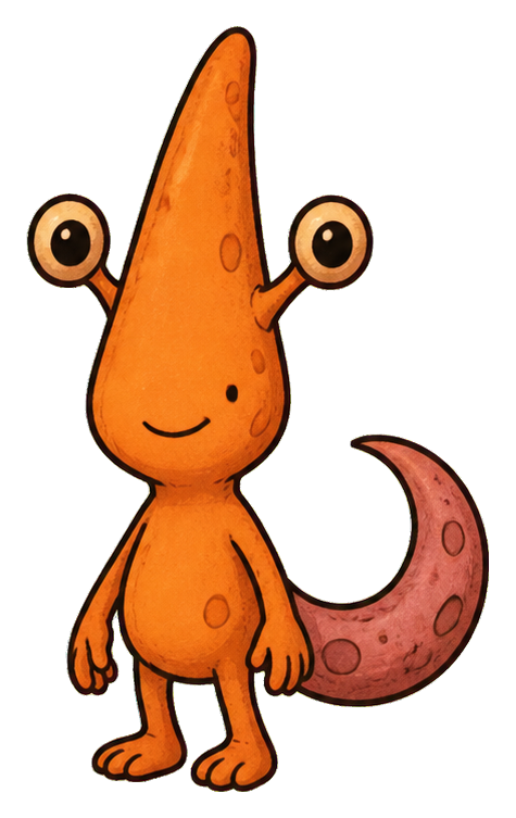 Orange cone-headed alien with a moon-shaped tail and simple smiling face