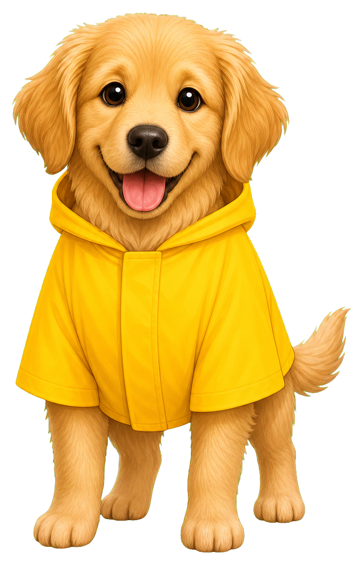 A smiling golden puppy wearing a bright yellow raincoat with hood