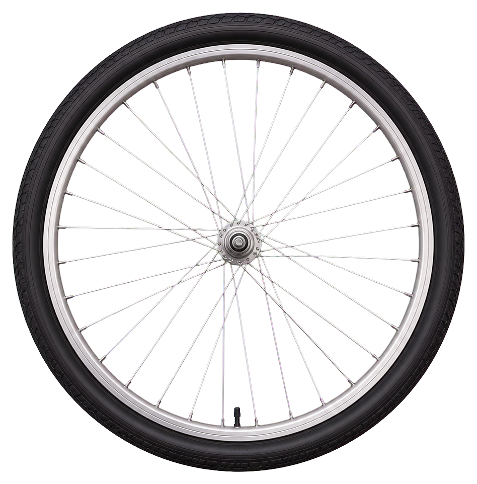 Plain bicycle wheel with thin spokes and dark tire on a transparent background.