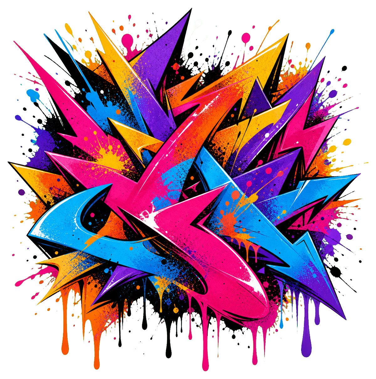 Colorful wildstyle graffiti shapes sticker with sharp abstract spray-paint forms and no letters.