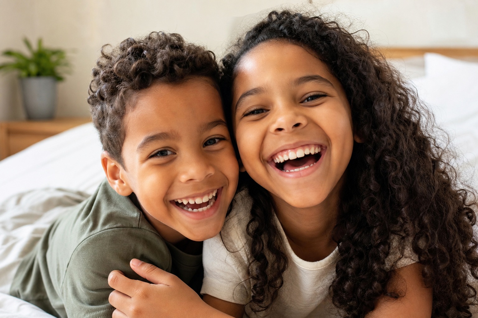 Close-up of two smiling siblings hugging indoors on a couch.