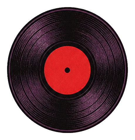 Black vinyl record with a red center label on a dark background